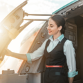 飛行機の搭乗口で笑顔で案内する客室乗務員