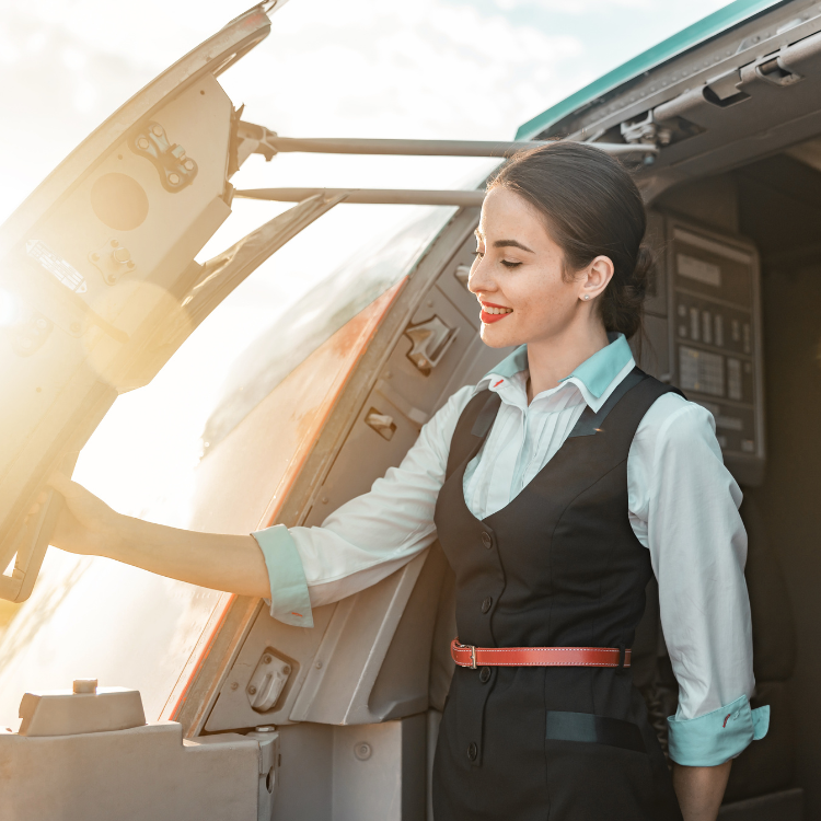 飛行機の搭乗口で笑顔で案内する客室乗務員